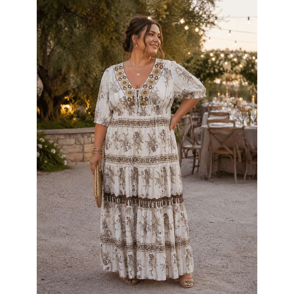 Me 2 Magic Bohemian Gold Ivory Brown Sequin Tassel Maxi Dress 3X